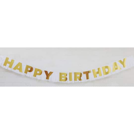12 Pack: 6.5ft. Gold & White Happy Birthday Fringe Banner by Celebrate It™
